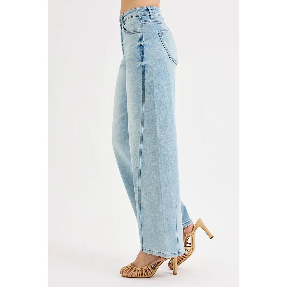 RISEN Mid Rise Waist Zipper Fly Stretch Light Blue Wash Barrel Leg Denim Jeans - Picture 4 of 7